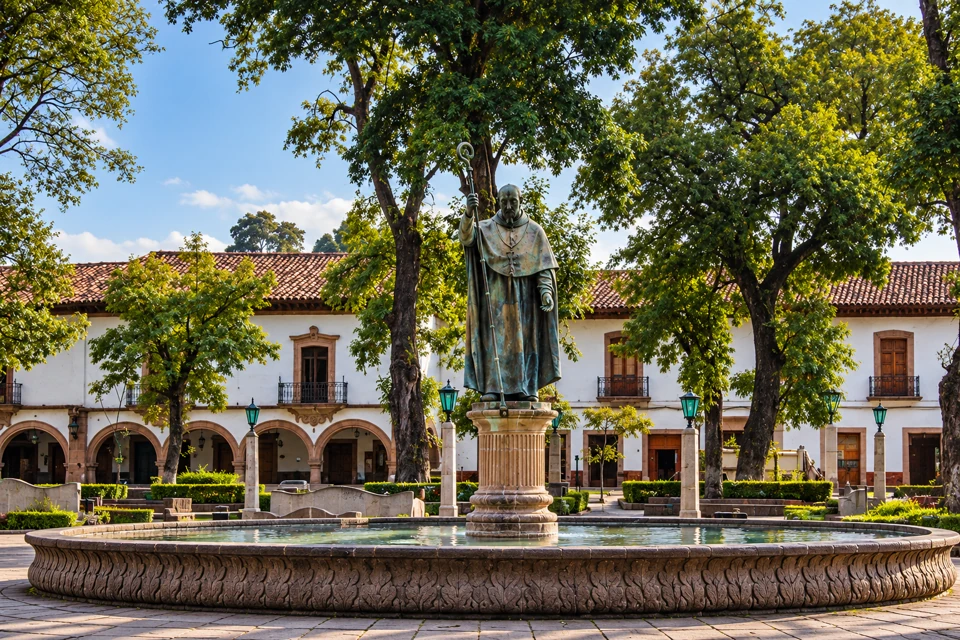 Vasco de Quiroga's statue and circular stone fountain among shade trees and white arcades in Patzcuaro, Michoacan