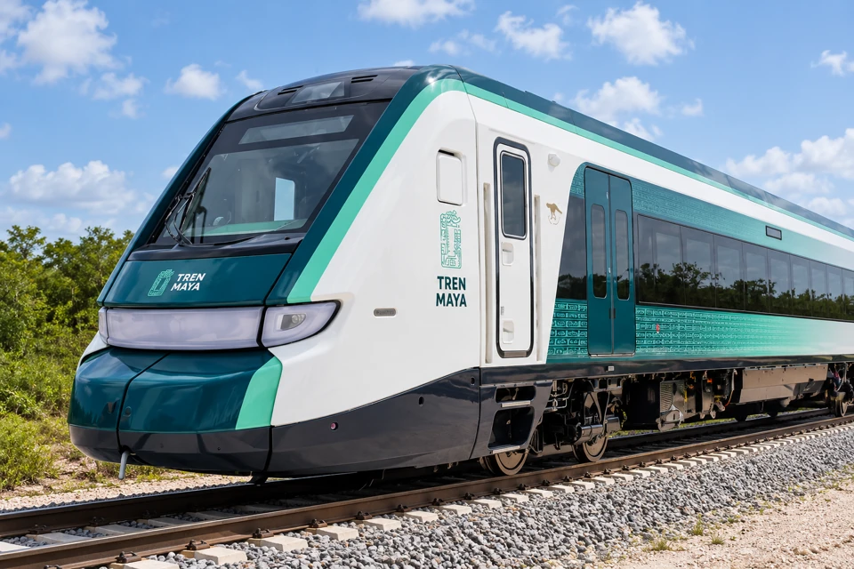 Tren Maya Xiinbal cab car with a tall dark windshield, white sides, teal and mint-green nose panels and panoramic windows.
