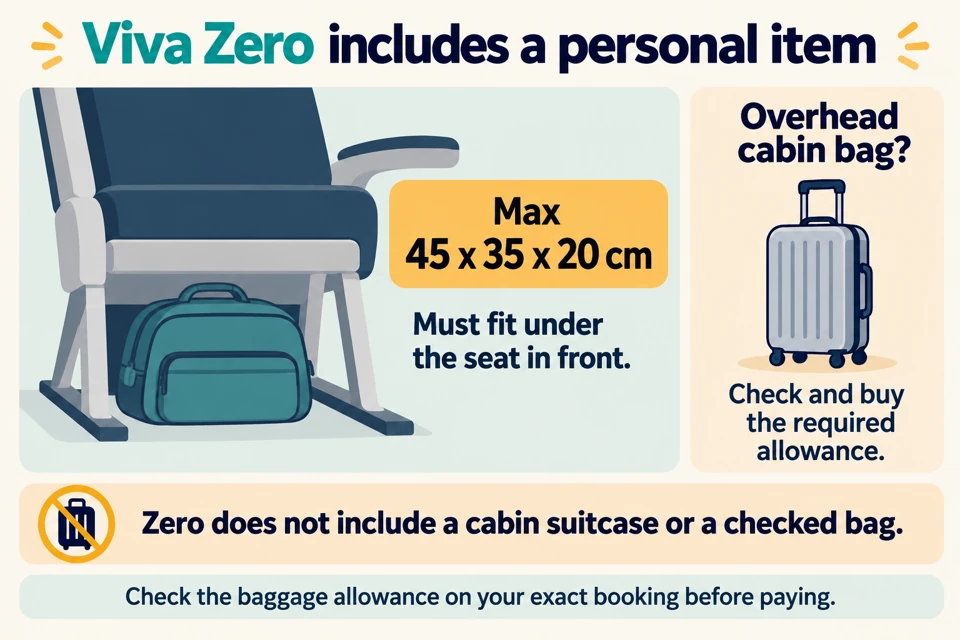 Viva Zero includes a personal item up to 45 x 35 x 20 cm under the seat. A cabin suitcase or checked bag needs the appropriate allowance.