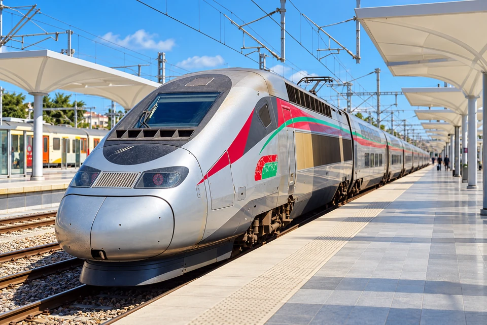 An ONCF Al Boraq high-speed train with a silver nose and red-and-green side stripes at Tanger Ville station.