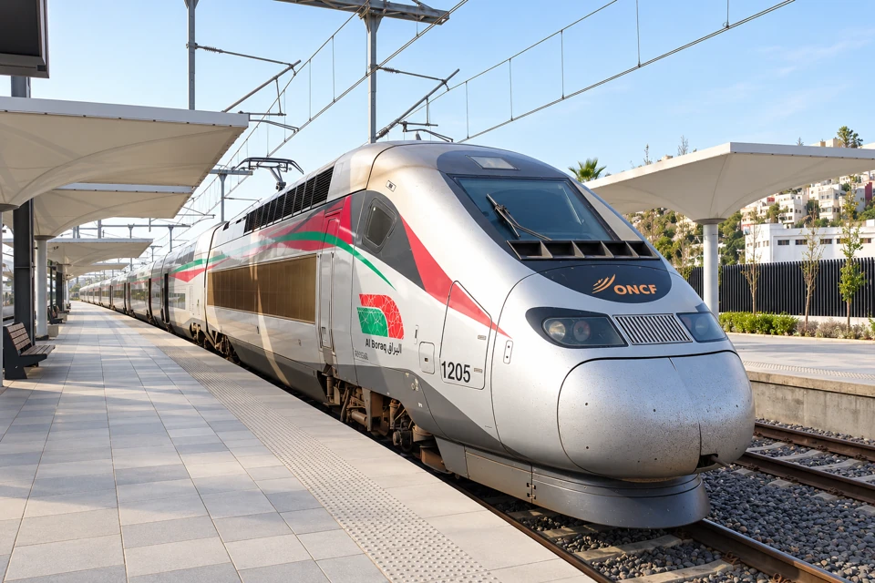 Silver ONCF Al Boraq high-speed train with red and green livery at Tanger Ville station.