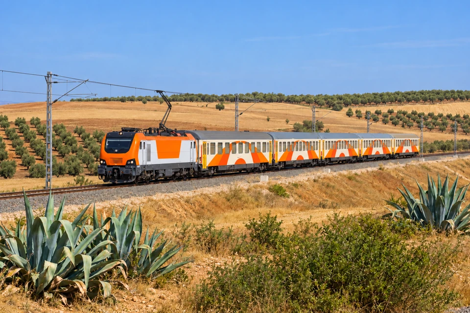 An orange and white ONCF electric locomotive hauling single-level passenger coaches through farmland.