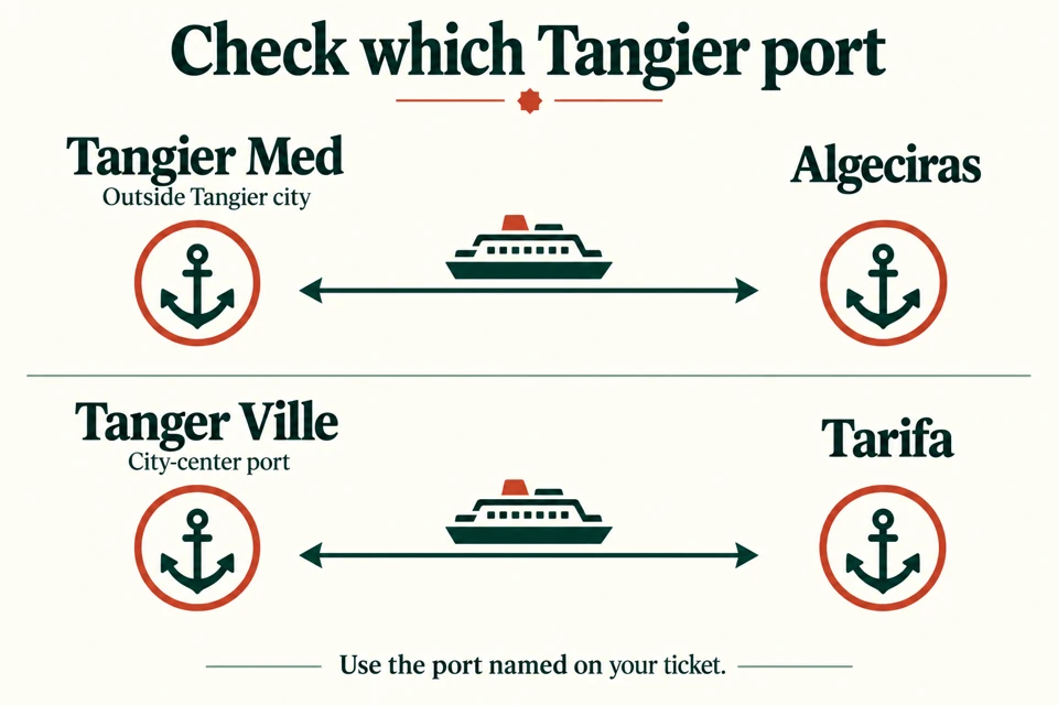 Two separate ferry routes: Tangier Med outside Tangier city to Algeciras, and city-center Tanger Ville to Tarifa. Use the port named on your ticket.