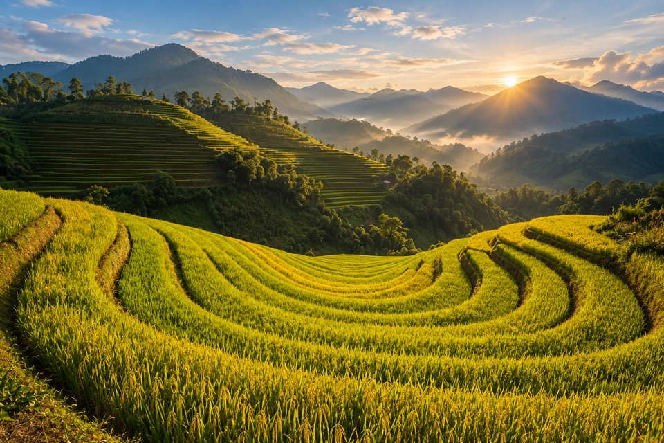 Yellow-green rice follows curved hillside terraces in Mu Cang Chai beneath forested mountain ridges.