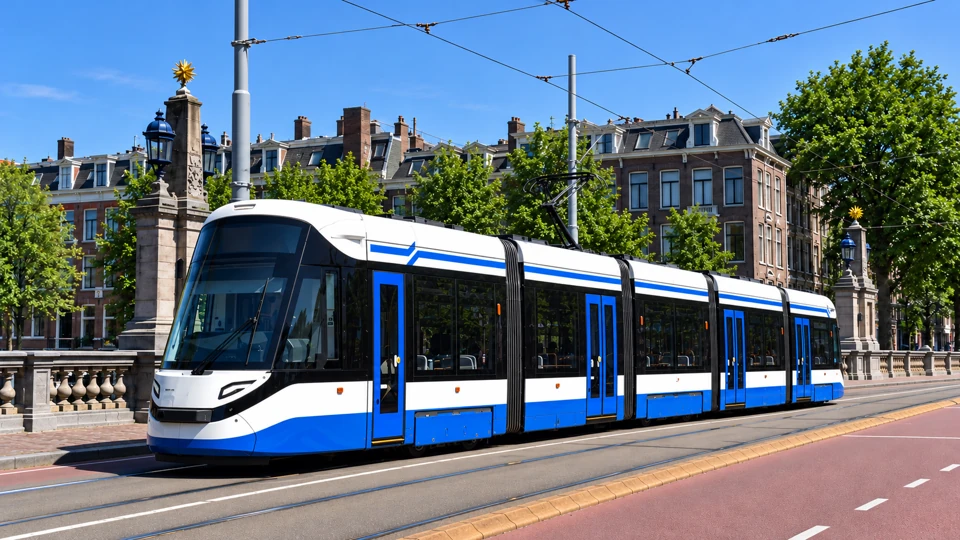A white-and-blue articulated GVB tram on Amsterdam's Hogesluis bridge.