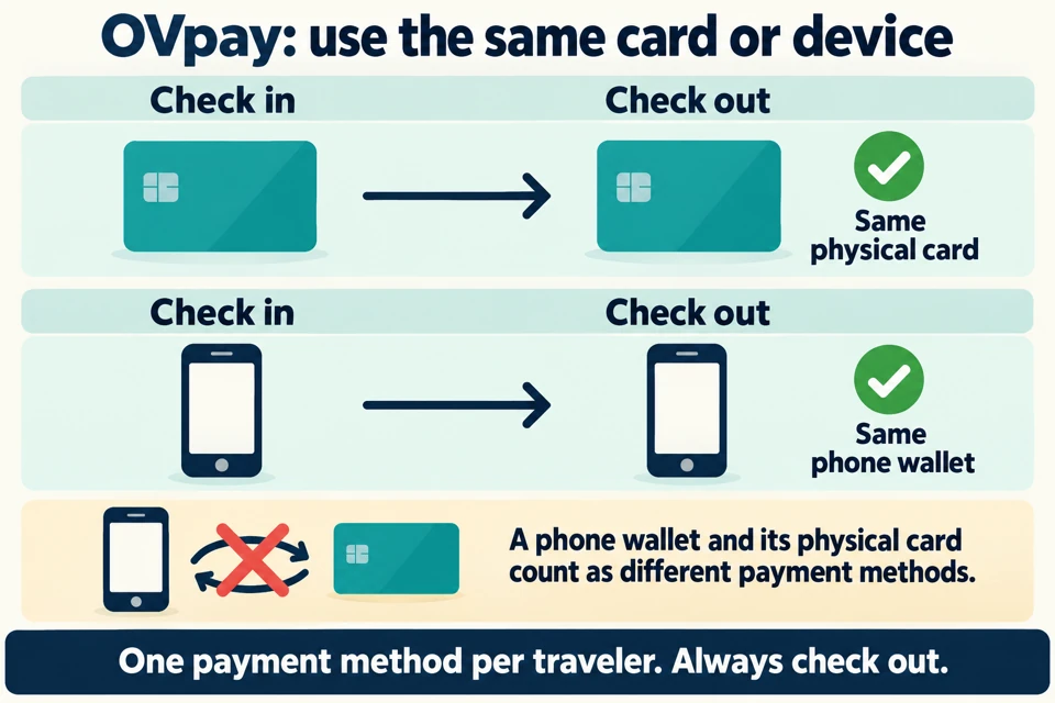 OVpay check in and out with the same physical card or the same phone wallet. Switching between a phone wallet and its physical card does not complete the same journey.