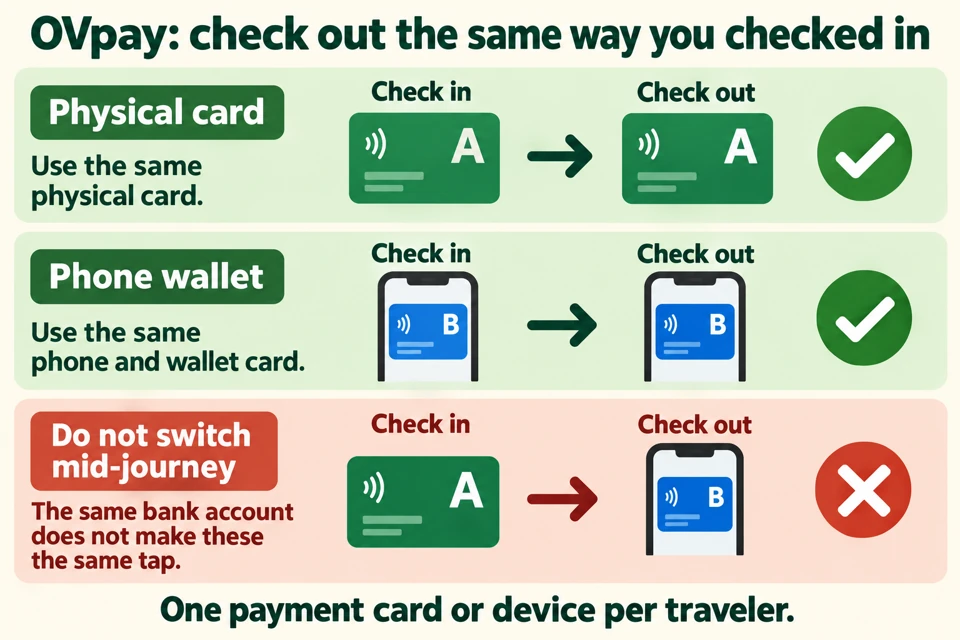 OVpay examples pair the same physical card for check-in and check-out, or the same phone and wallet card for both. Switching from a physical card to its phone-wallet version does not complete the same trip.