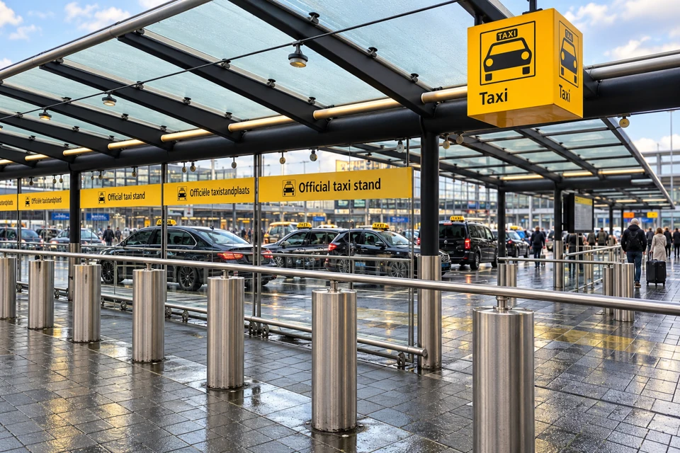 Schiphol's official taxi stand with yellow taxi signs, a glass canopy, steel queue rails and waiting cars.