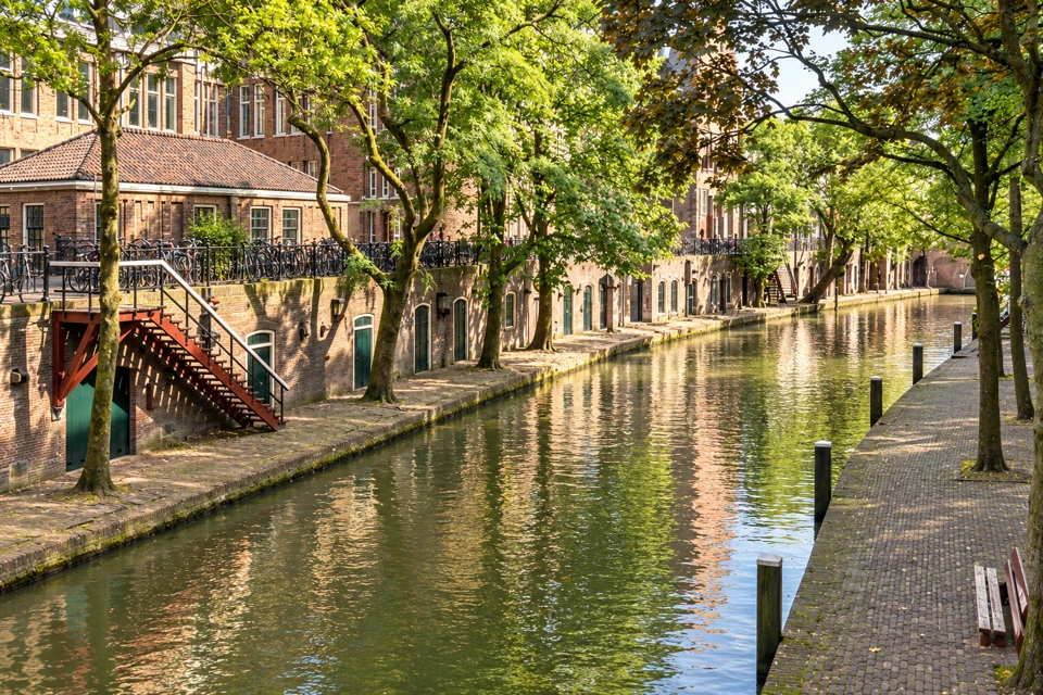 Utrecht's Oudegracht canal with brick lower wharves, arched cellar doors, a descending staircase and leafy trees.