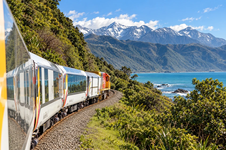 Coastal Pacific Scenic coaches curve beside the turquoise sea near Oaro with the Kaikoura ranges across the water.