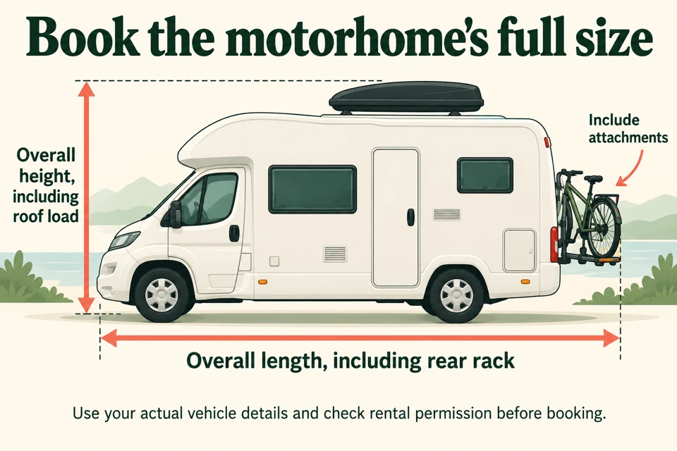 Motorhome measurement diagram: overall length reaches from the front bumper to the rear bike rack; overall height reaches from the ground to the top of the roof box.