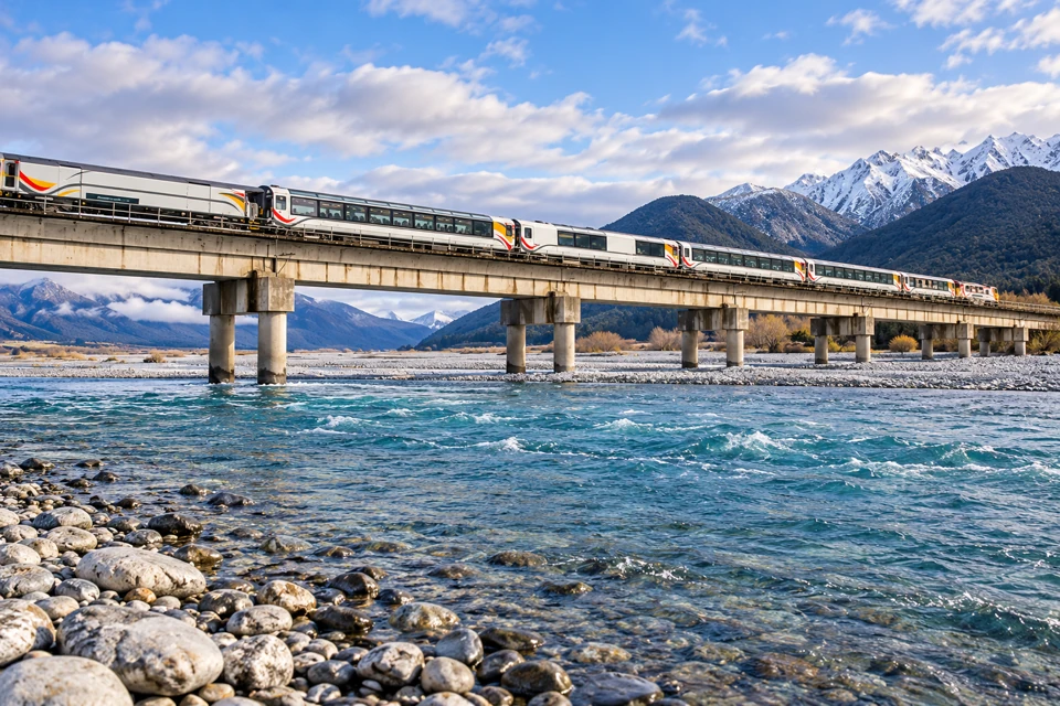 KiwiRail TranzAlpine scenic carriages cross the concrete Waimakariri River bridge above turquoise water with snowy ridges behind.