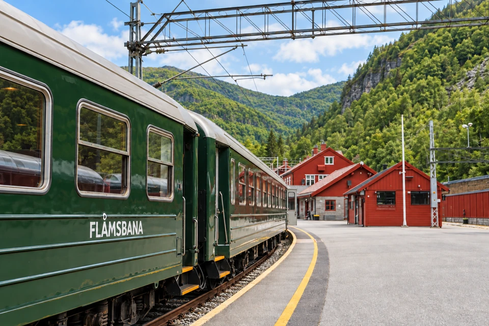 Green Flamsbana railway carriages beside the platform and red station buildings in Flam.