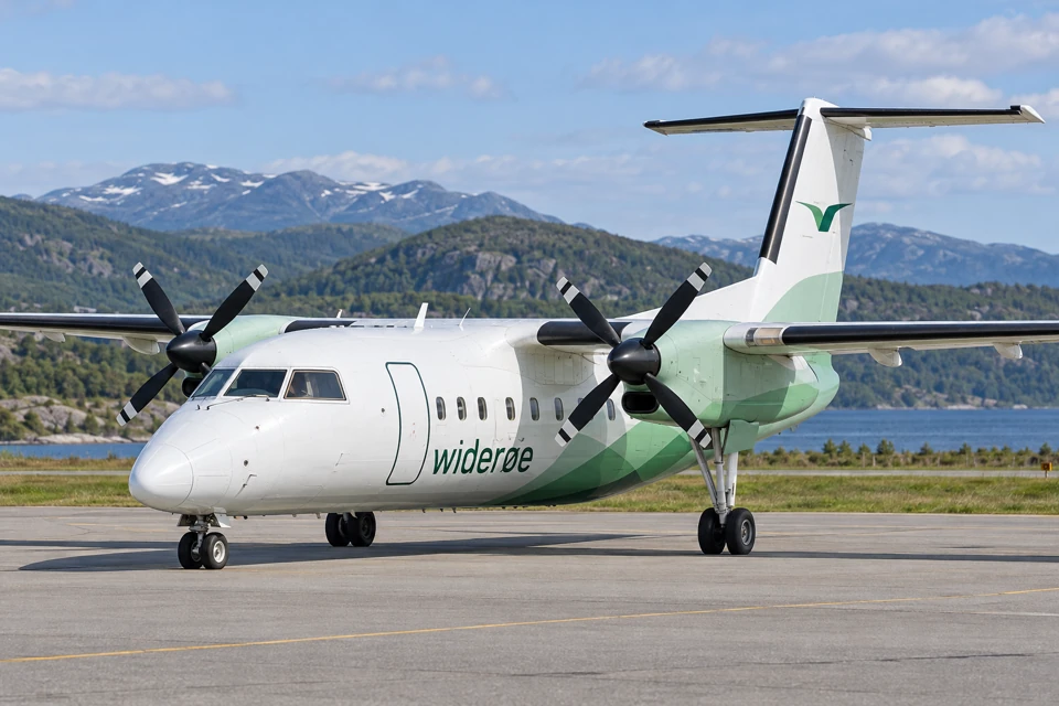 A green and white Wideroe Dash 8 turboprop parked on an apron.