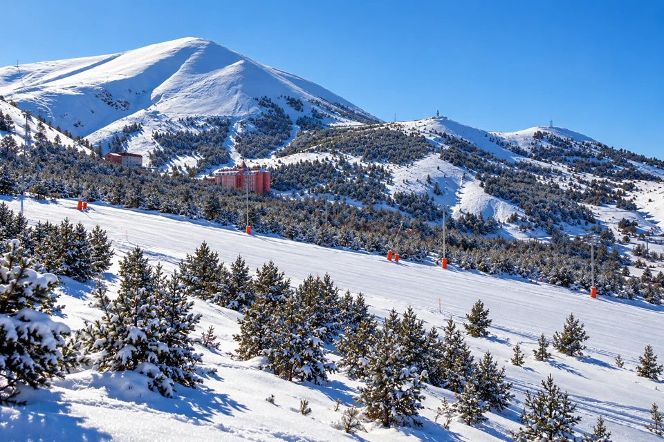 Palandoken's broad snow-covered summit above a groomed ski piste and lower conifer slopes near Erzurum.
