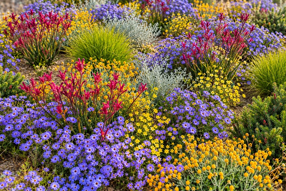 Purple daisy flowers, red kangaroo paws and yellow native flowers in Kings Park's Western Australian planting.