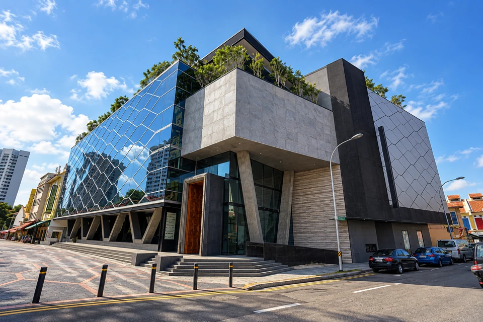 The Indian Heritage Centre's reflective glass facade and timber entrance in Singapore.