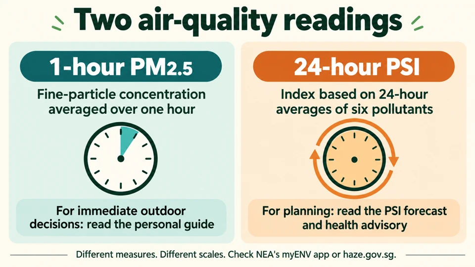 Comparison of one-hour PM2.5 concentration and the 24-hour PSI, with their different uses.