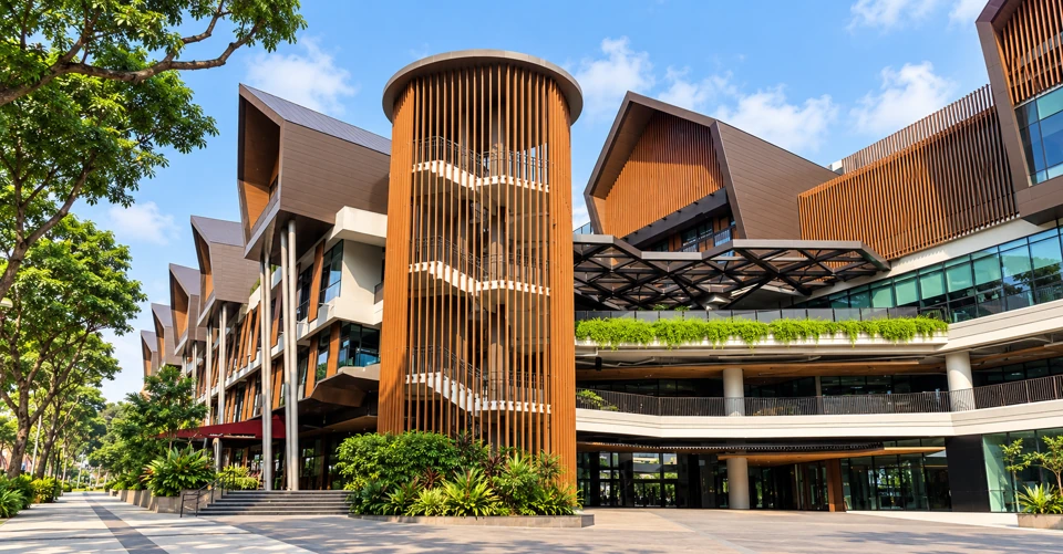 Wisma Geylang Serai with its cylindrical timber staircase tower and angular pitched roofs.