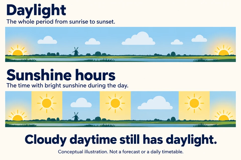 Daylight spans sunrise to sunset, while sunshine hours count only bright sunshine intervals within that daytime period.