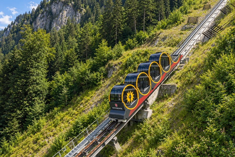 Stoos funicular with four black glazed cylindrical cabins, yellow rims and level floors on a steep forested incline.