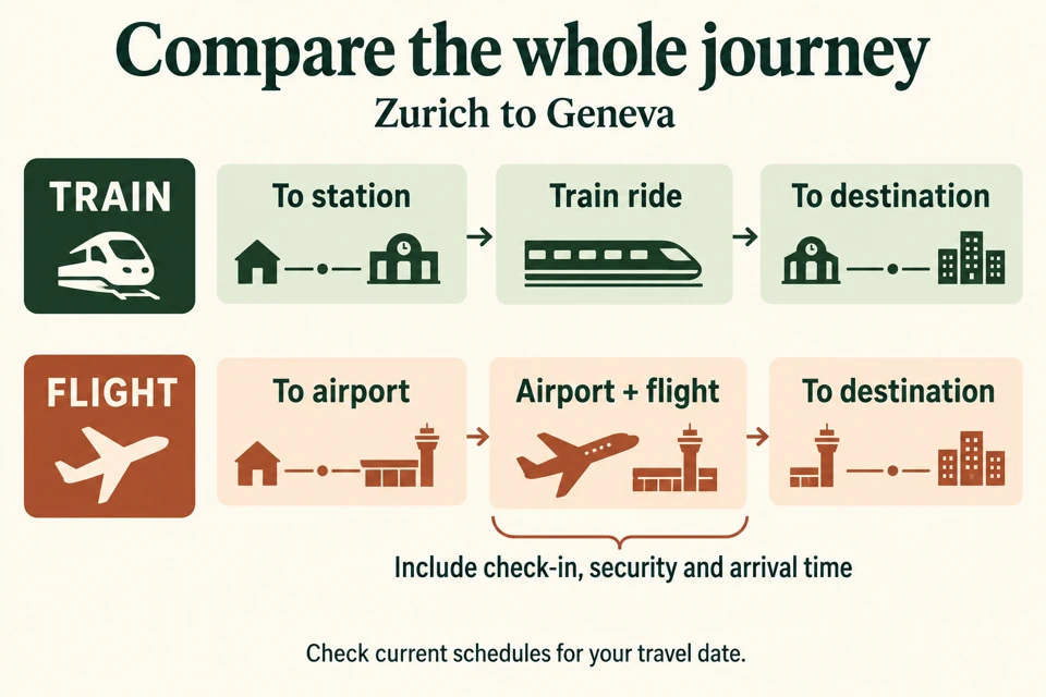 Train and flight comparison showing access, the transport stage and onward travel, with a note to include check-in, security and arrival time for flights.