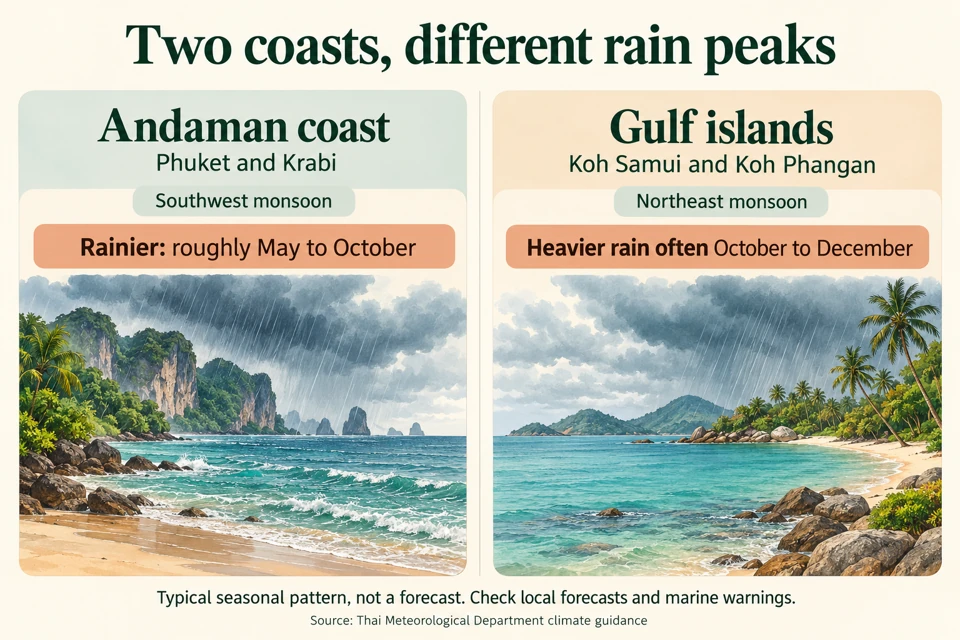 Andaman coast and Gulf islands have different monsoon-related rainy periods, shown side by side.