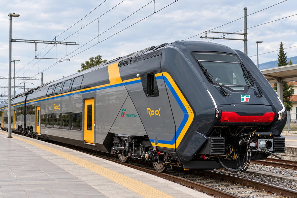 A gray Trenitalia Rock regional train with two rows of passenger windows, blue and yellow stripes and yellow doors.