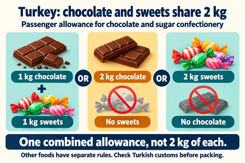 Turkey chocolate and sugar-confectionery allowance shown as 1 kg of each, 2 kg chocolate only or 2 kg sweets only.