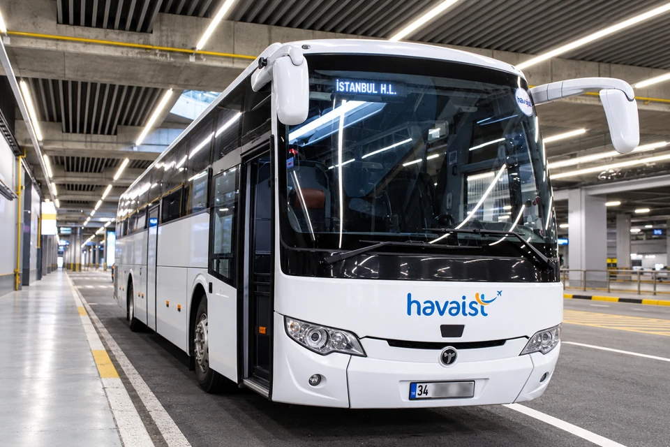 White Havaist airport coach with blue lettering at Istanbul Airport's indoor transport platform under concrete beams and linear ceiling lights.