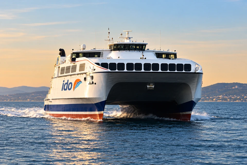 White IDO high-speed catamaran underway, with twin bows, a dark central tunnel and a broad row of passenger windows.