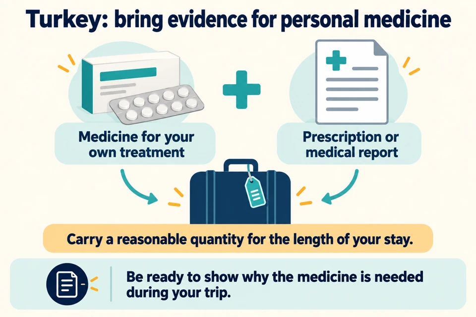 Personal-treatment medicine plus a prescription or medical report, with a reasonable quantity for the stay.