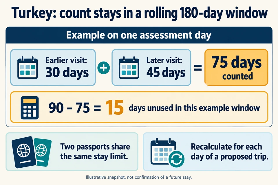 Two Turkey visits of 30 and 45 days total 75 counted days in one rolling 180-day assessment window.