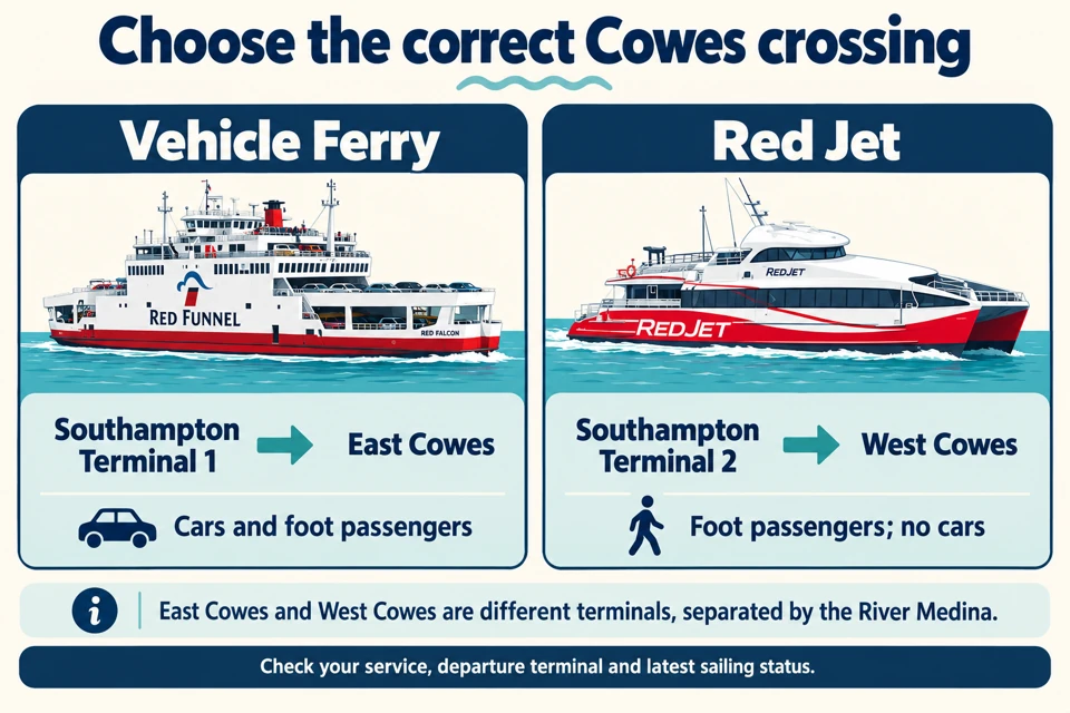 Vehicle Ferry runs from Southampton Terminal 1 to East Cowes for cars and foot passengers. Red Jet runs from Terminal 2 to West Cowes for foot passengers, without cars.
