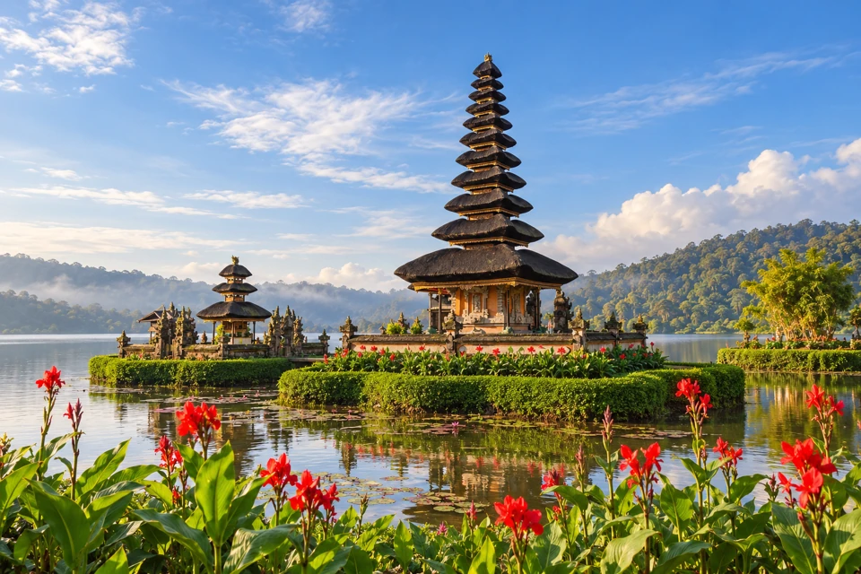 Ulun Danu Beratan's tall thatched meru shrine and smaller shrine beside Lake Beratan.