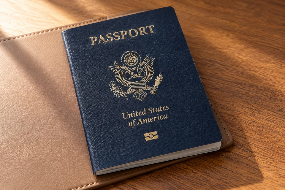A closed navy-blue United States biometric passport book on a plain travel-document folder.