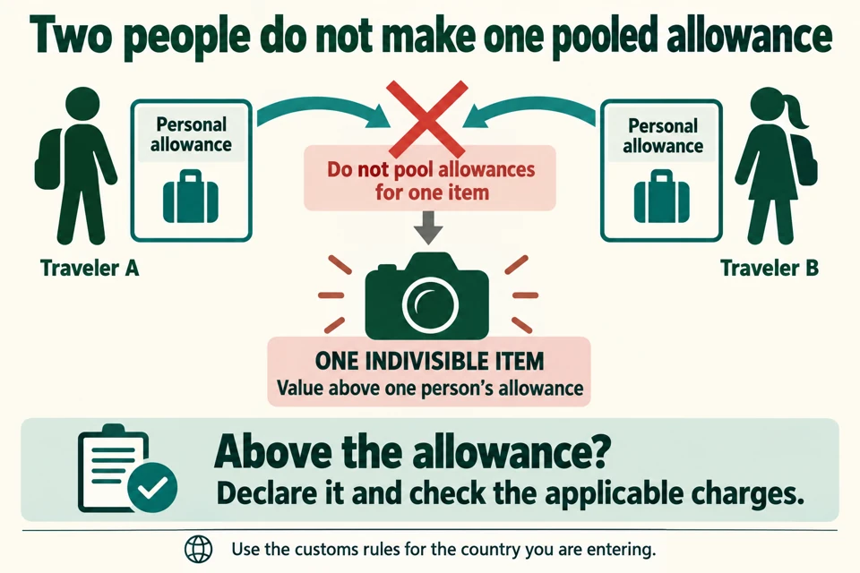 Two separate travelers have separate allowances; a single oversized-value purchase cannot be split across them to avoid declaration.