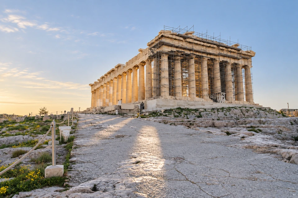 The Parthenon's pale marble colonnades rise above the rocky Acropolis, with restoration scaffolding across the near end and low morning light along its side.
