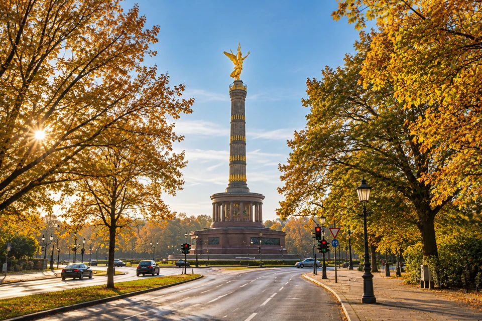 Berlin Victory Column with its golden winged statue above autumn trees and the broad streets of the Grosser Stern.