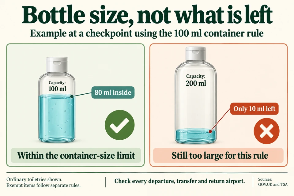A 100 ml bottle with 80 ml inside is within the container-size limit; a 200 ml bottle with only 10 ml inside is still too large at a 100 ml checkpoint.