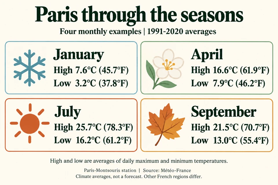 Four Paris climate cards compare January, April, July and September average daily highs and lows, with Celsius and Fahrenheit values.