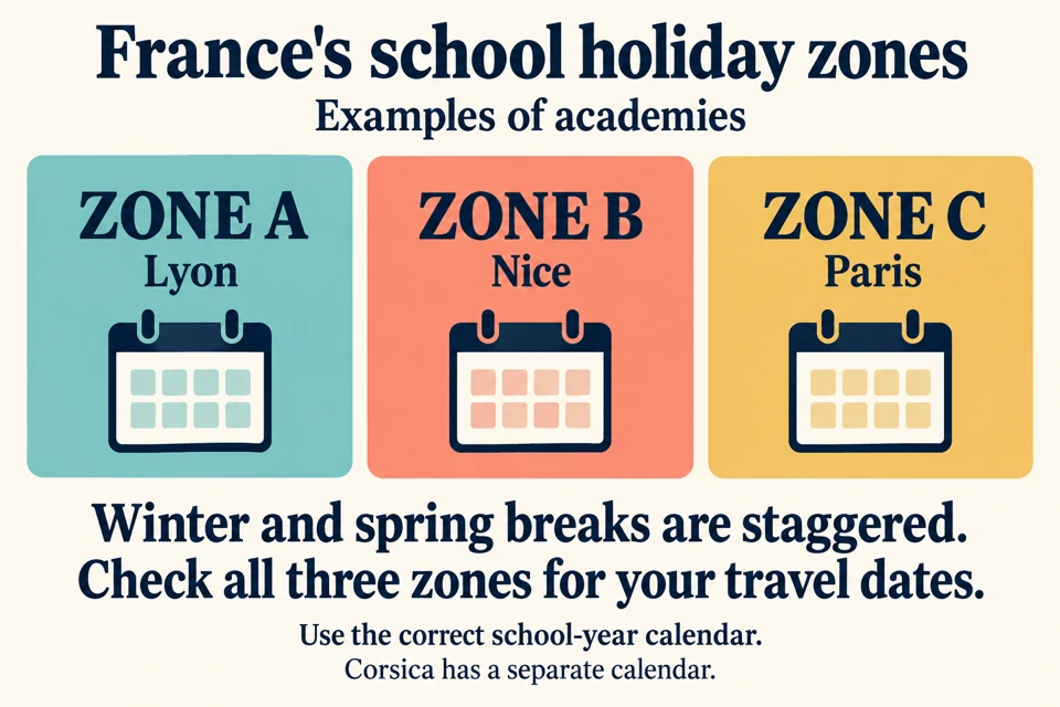 French school holiday zone examples: Lyon in Zone A, Nice in Zone B and Paris in Zone C, with a reminder that winter and spring breaks are staggered.