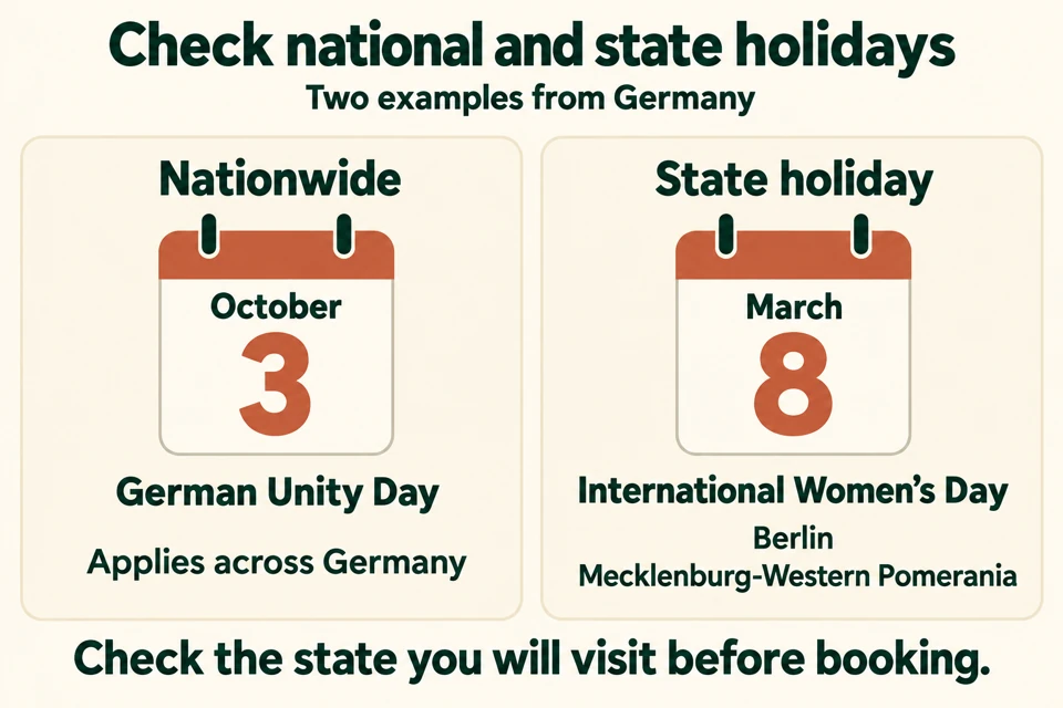 Two German holiday examples: October 3 nationwide and March 8 in Berlin and Mecklenburg-Western Pomerania.