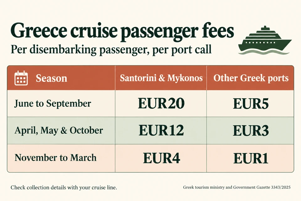 Cruise-fee table: June through September, Santorini and Mykonos EUR20 and other ports EUR5; April, May and October EUR12 and EUR3; November through March EUR4 and EUR1.