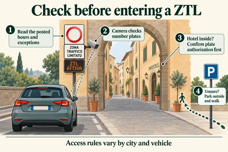 Illustrated limited-traffic-zone gateway with a red-ring sign, active restriction panel, number-plate camera and an outside parking option.
