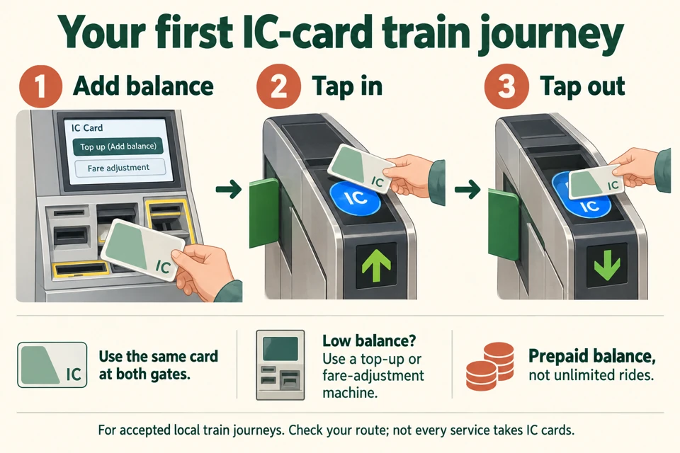 Three-step local train IC card diagram: top up, tap the same card to enter, tap it to exit; top up a low balance and check route acceptance.