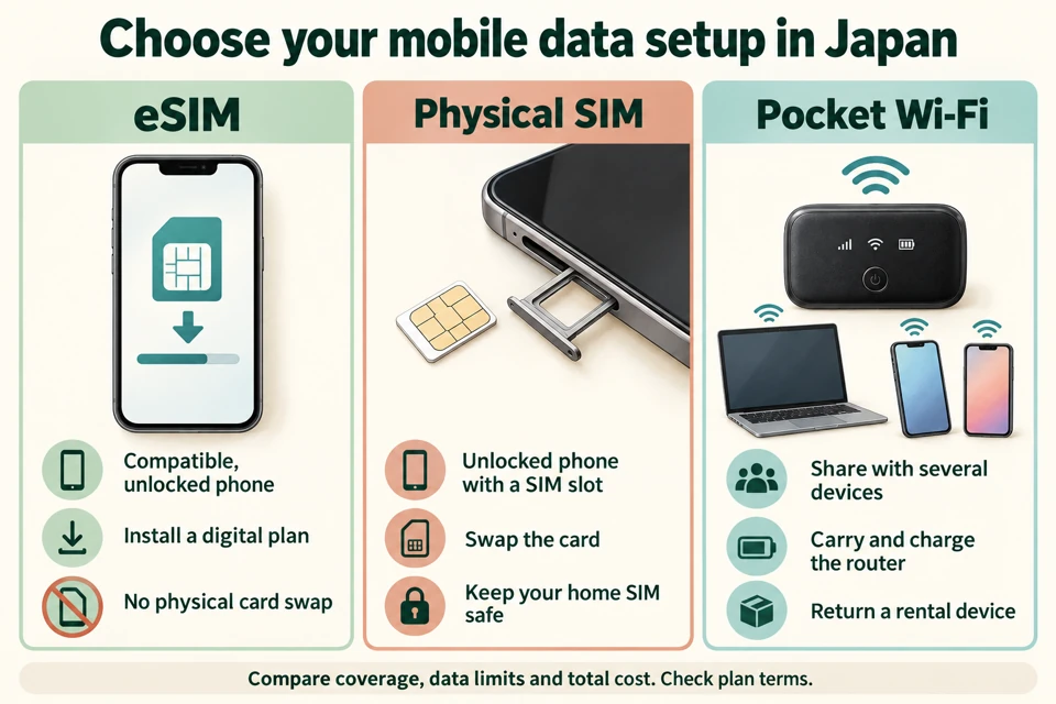 Japan mobile-data comparison: eSIM installed on a compatible unlocked phone, physical SIM inserted into an unlocked phone, pocket Wi-Fi shared between devices with charging and return needed.