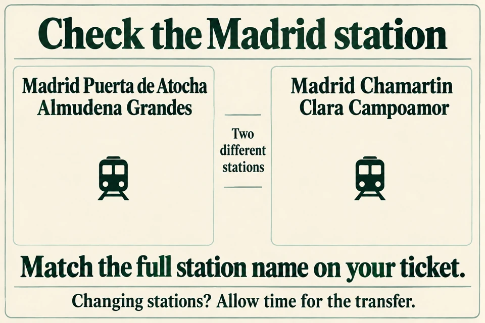 Two separate station-name cards identify Madrid Puerta de Atocha - Almudena Grandes and Madrid Chamartin - Clara Campoamor, with a reminder to match the ticket's full station name.