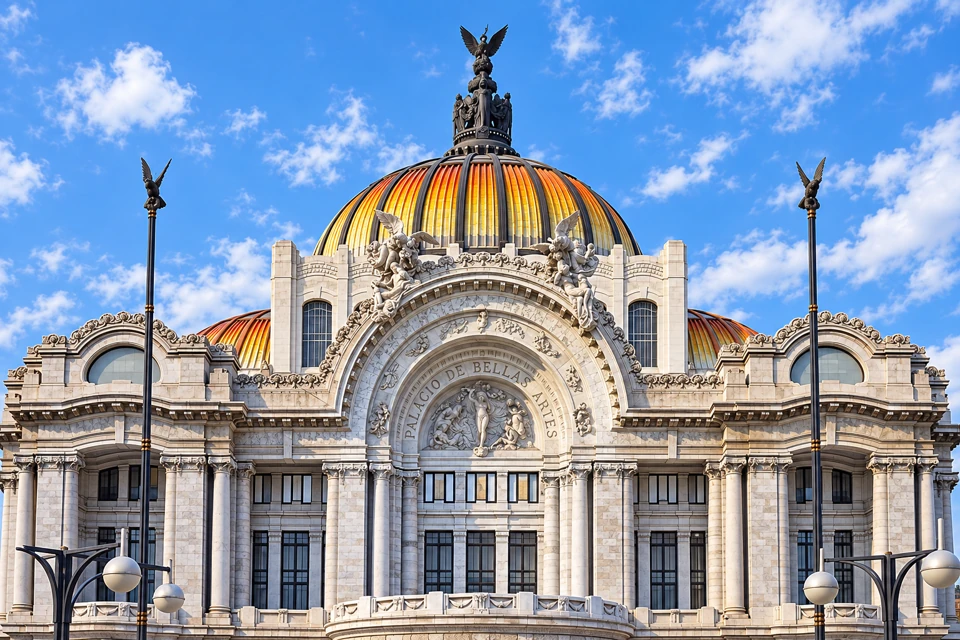 Palacio de Bellas Artes in Mexico City, showing its pale sculpted marble facade, broad central arch and orange-yellow domed roof.