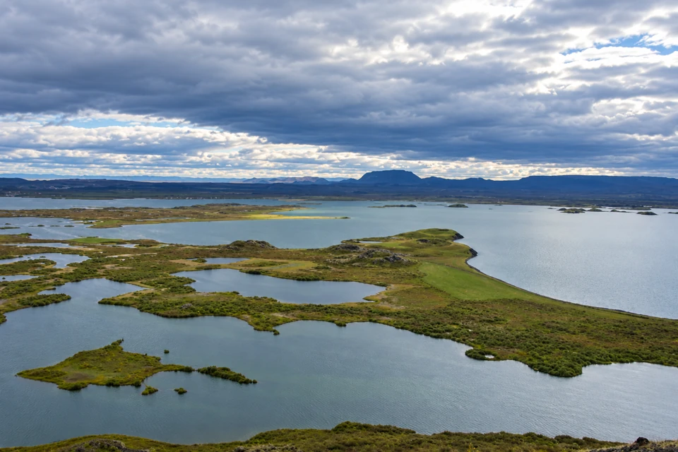 Low green peninsulas and small grassy landforms divide calm water at Lake Myvatn, with a low volcanic skyline under a textured cloudy sky.
